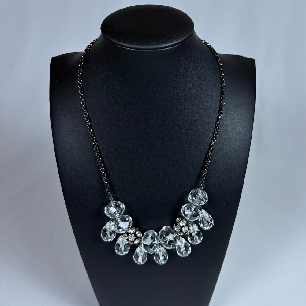 Vintage Liz Claiborne Clear Crystal Bib Necklace Gunmetal Tone Statement Jewelry
